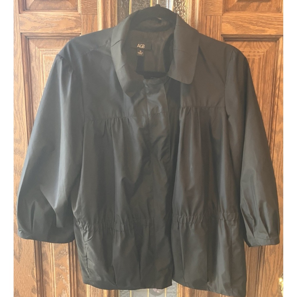 AGB Women's Rain Jacket Black Size 16 3/4 Sleeves‎ Gather Back Snap & Zipper EUC